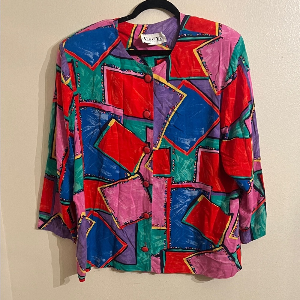 Vikki Vi Colorful 80s Abstract Rayon Boxy Lightweight Maximalist Blazer Top XXL